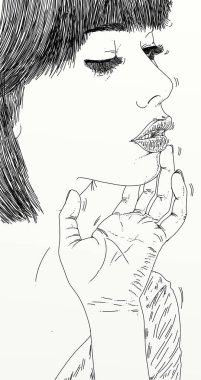 Patlama ile düz saçlı dolgun, kalın ciddi bir kadın closeup içinde kroki çizimi.