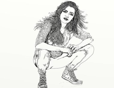 Patlama ile düz saçlı dolgun, kalın ciddi bir kadın closeup içinde kroki çizimi.