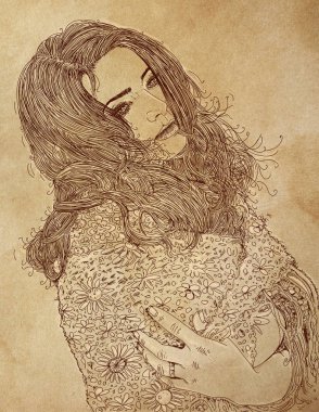 Patlama ile düz saçlı dolgun, kalın ciddi bir kadın closeup içinde kroki çizimi.