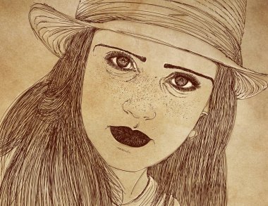 Patlama ile düz saçlı dolgun, kalın ciddi bir kadın closeup içinde kroki çizimi.