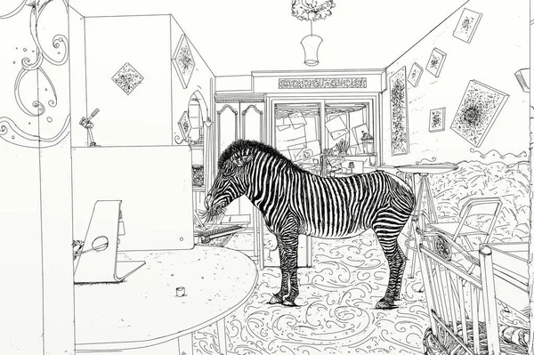 Ceruza Rajz Egy Zebra Nappaliban Vagy Hálószobában Hazai Művészi Illusztráció — Stock Fotó