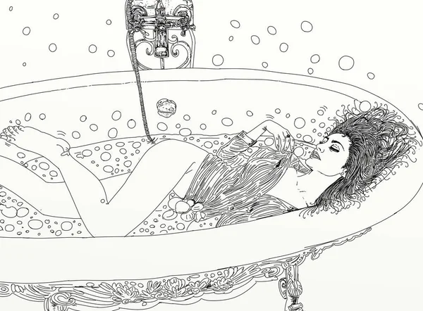 An outline illustration of a woman taking a bath. cosmetic.