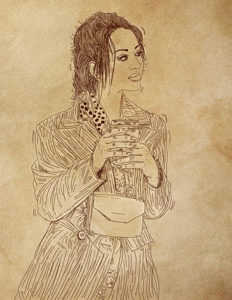 An illustration of a woman with long curly hair drinking from a cup.