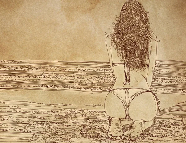 ビーチでのビキニで手描きの女性 アート — ストック写真
