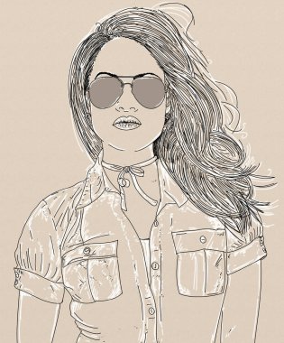 Kadın Çizgi sanat portresi, Düzgün cepler, beyaz arka plan ile güneş gözlüğü ve ceket (bluz) giyen genç kadın çizgi çizim sanatsal illüstrasyon. 