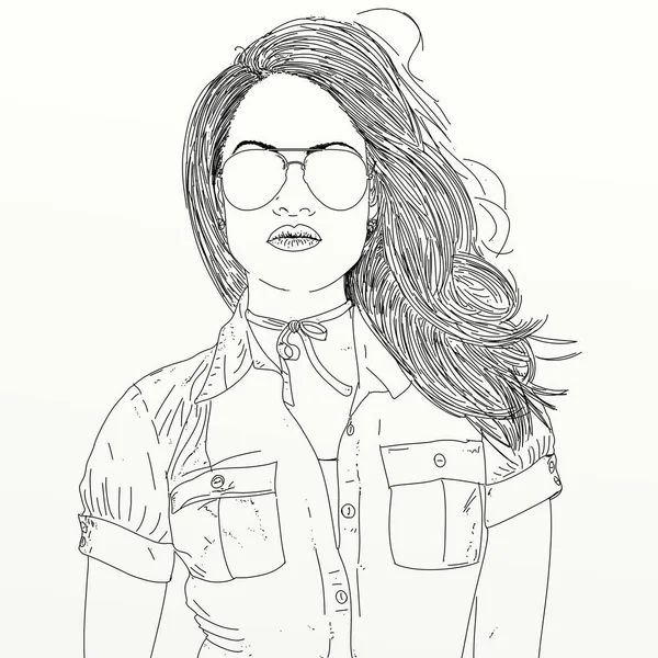 Line art portrait of woman,Artistic illustration by line drawing of young woman wearing sun glasses  and jacket (blouse) with neat pockets, white background.