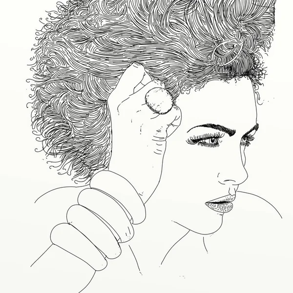 女性の線画肖像画 大きな乱雑な髪の女性のラインアートスタイルのイラスト — ストック写真