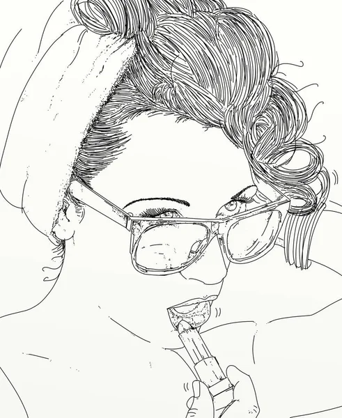 女性の線画の肖像画 口紅を塗る女性のスケッチ — ストック写真