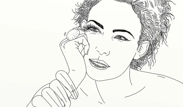 女性の線画肖像画 大きな乱雑な髪の女性のラインアートスタイルのイラスト — ストック写真