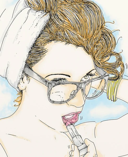 Line art portrait of woman, Sketch of woman applying lipstick