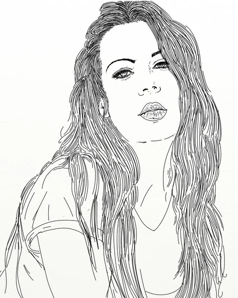 Line art portrait of woman, A line art style illustration of a woman with big messy hair.