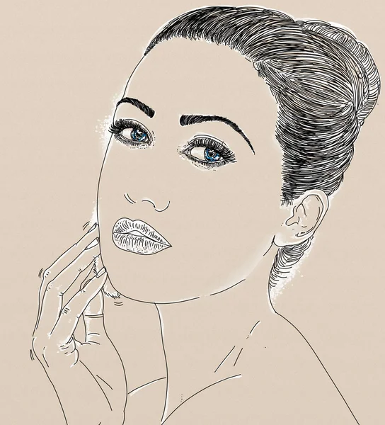 Line art portrait of woman,Mature female with hair pulled back in bun and hand to face profile portrait in black and white pencil sketch.