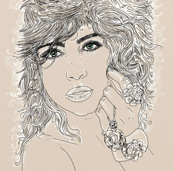 Line art portrait of woman A line art style illustration of a woman with big messy hair.