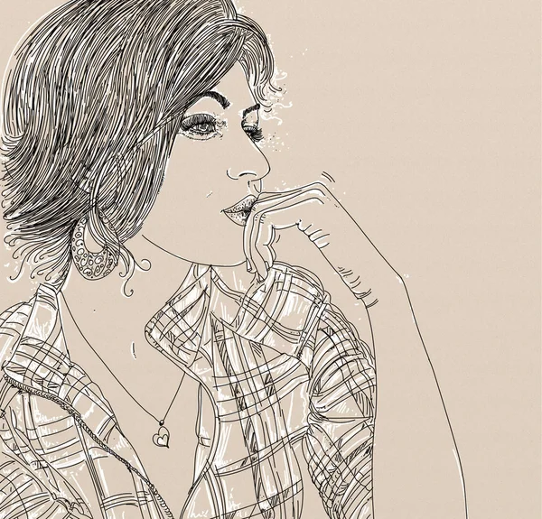 Line art portrait of woman, Pencil profile portrait of woman with long hair wearing checked shirt and hear shaped necklace with pensive expression.