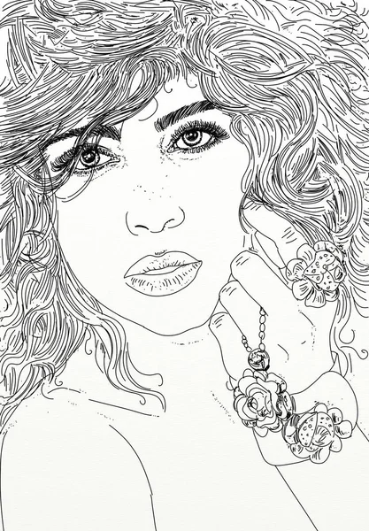 Line art portrait of woman,Artistic portrait by line drawing of an attractive young