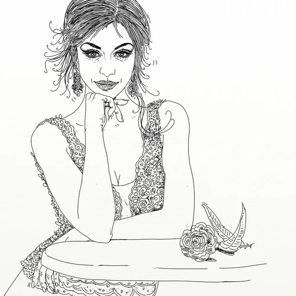 Kadının çizgi sanatı portresi,Düşüncenin derinliklerindeki küçük bir masada oturan genç bir kadının çizgi çizimi ile portre (ya da tarihini beklerken), beyaz arka plan. 