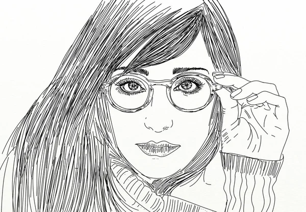 Line art portrait of woman,Artistic illustration by line drawing of young woman wearing sun glasses  and jacket (blouse) with neat pockets, white background.