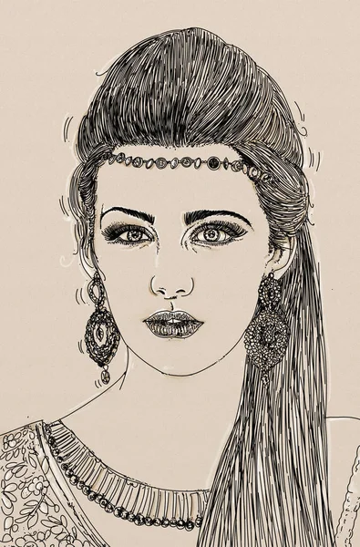 Line art portrait of woman Artistic portrait by line drawing of an attractive young woman girl with long hair and decorative earrings, on white.