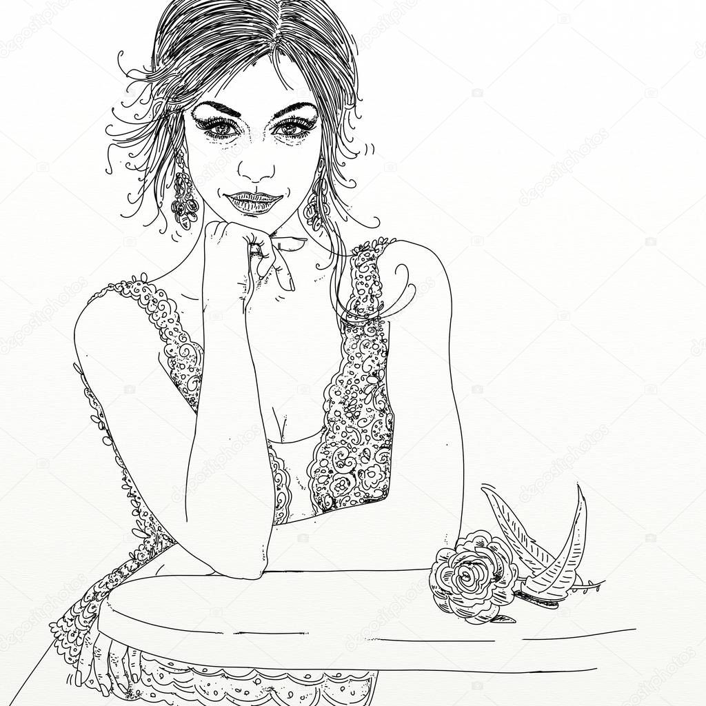Line art portrait of woman,Portrait by line drawing of a young woman seated at a small table deep in thought (or waiting for her date), white background. 