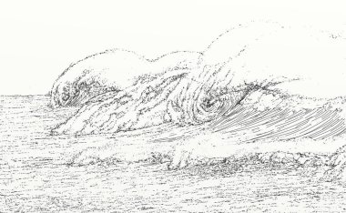 Güçlü bir deniz dalgasının tek renkli çizimi. perspektifler ve manzaralar ile çizim tasarımları