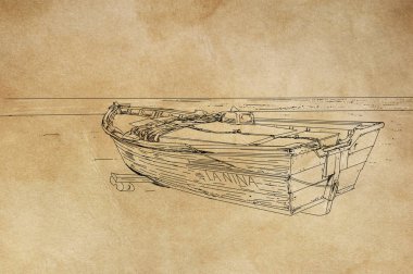 Sahilde eski bir ahşap teknenin tek renkli çizimi. perspektifler ve manzaralar ile çizim tasarımları