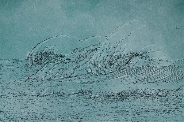 A monochrome drawing of a powerful sea wave. sketch designs with perspectives and landscapes