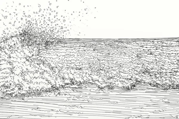 Dessin Monochrome Une Puissante Vague Mer Croquis Avec Perspectives Paysages — Photo