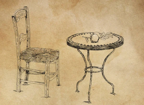 a small antique chair with a small table