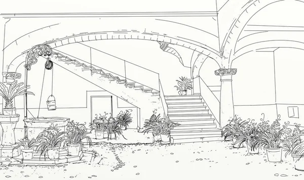 Detail Vchodu Nádvoří Domů Oblouky Rostlinami Kreslení Návrhů Perspektivami Krajinami — Stock fotografie