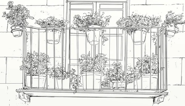 Μπαλκόνι Φυτά Σχέδια Σκίτσο Προοπτικές Και Τοπία Παράθυρα Και Λουλούδια — Φωτογραφία Αρχείου