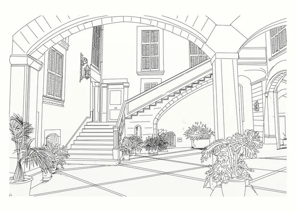 アーチや植物のスケッチデザインが施された家の中庭の入り口の詳細 — ストック写真