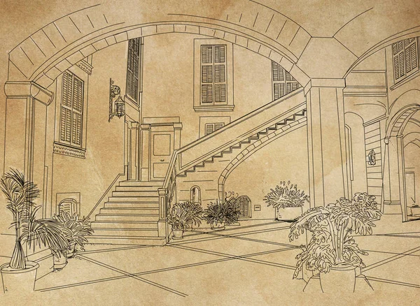 Detail Entrance Courtyard Houses Arches Plants Sketch Designs Perspectives Landscapes — Stock Photo, Image