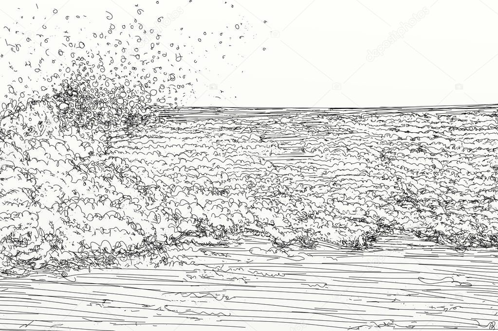 A monochrome drawing of a powerful sea wave. sketch designs with perspectives and landscapes
