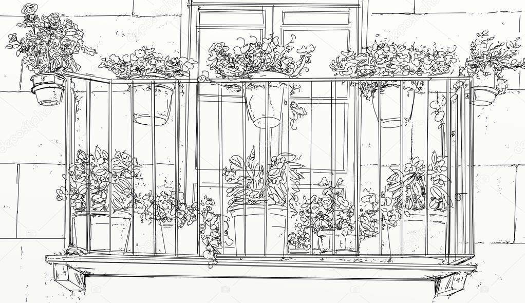 balcony with plants sketch designs with perspectives and landscapes windows and flowers