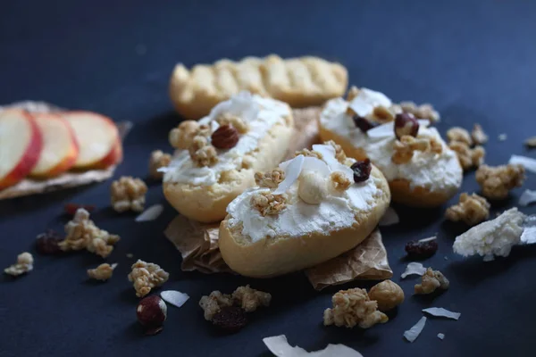 Delicious Bruschetta Ricotta Cheese Granola Blue Background — Stock Photo, Image