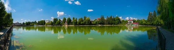 Campina 罗马尼亚 2018年8月16日 被诅咒的新娘的湖或教会湖的看法显示绿色树和水喷泉位于 Campina Prahova 罗马尼亚 — 图库照片