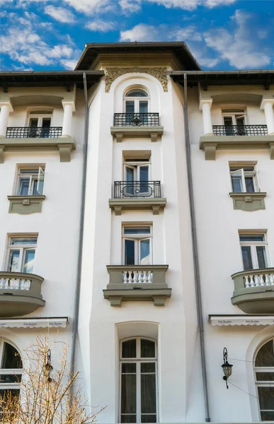 Symmetric perspective view of building with balconies