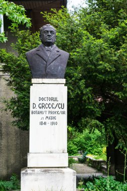 Bükreş, Romanya - 04 Mayıs 2019: Bükreş'teki Botanik Bahçesi'nde bulunan Doktor Greecescu büstü heykeli.