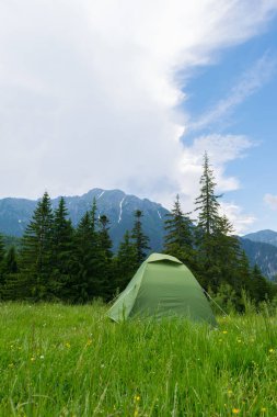 vahşi dağ manzarasına bir yeşil çadır kuruldu