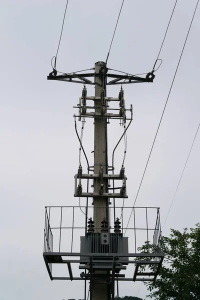 outdoor power transformer step down to mains 240v mounted on concrete mast