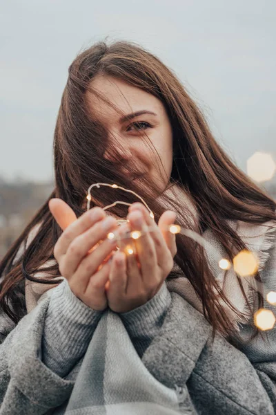 Girl Holds Warm Her Hands Wind Develops Hair — Stock Photo, Image