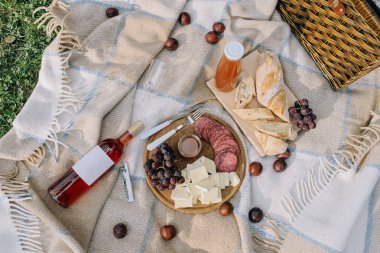 Doğada şarap, peynir ve salam ile romantik akşam yemeği