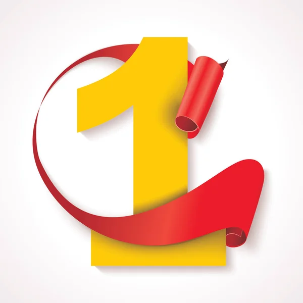 Nummer Eins Gelbe Ziffer Mit Rot Gerolltem Band Vektorillustration — Stockvektor