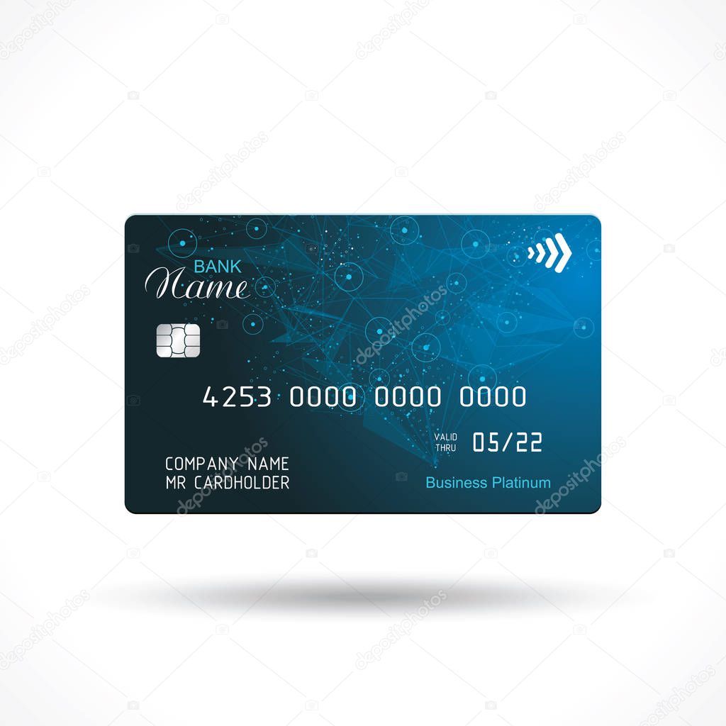 Credit card bright blue design  with  shadow. Detailed abstract glossy credit card concept  for business, payment history, shopping malls, web, print.