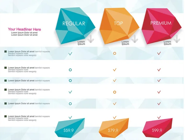 Widget lista de preços com 3 planos de pagamento para serviços on-line, pric — Vetor de Stock