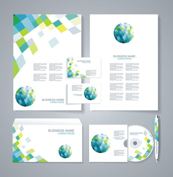 Corporate identity template with blue and green geometric elements. Documentation for business.
