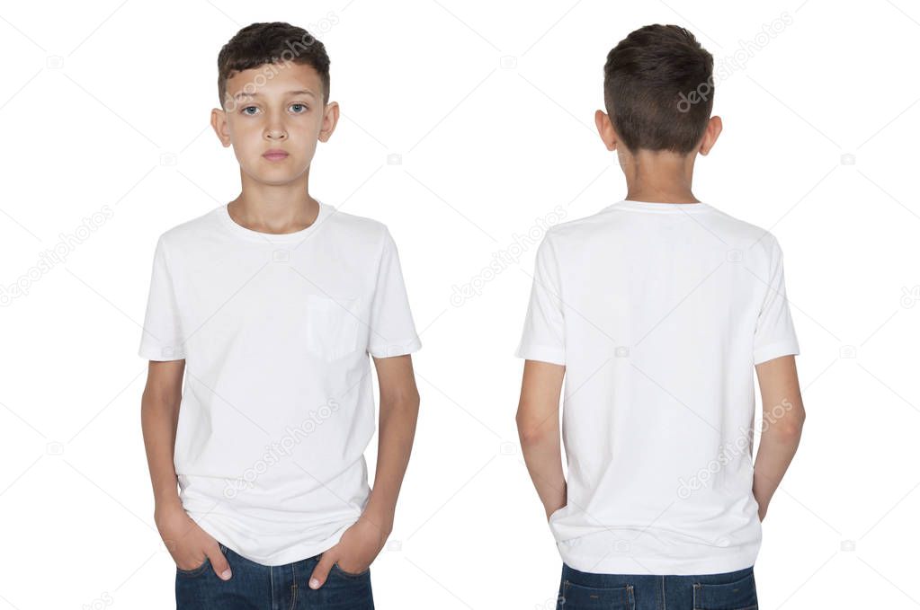 teenager boy in a white T-shirt front and back view