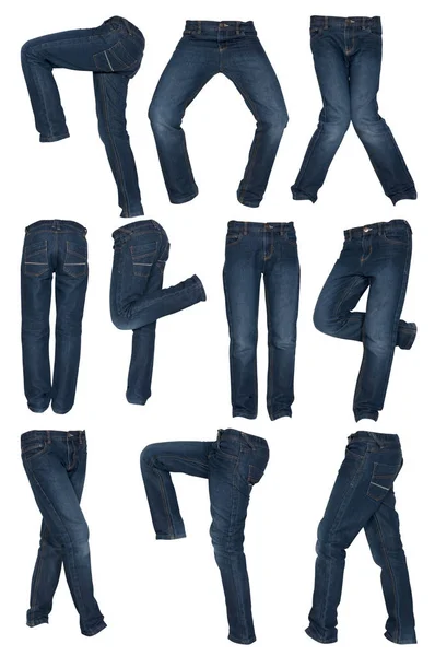 一套蓝色牛仔裤在不同的姿势被隔离在白色 — 图库照片