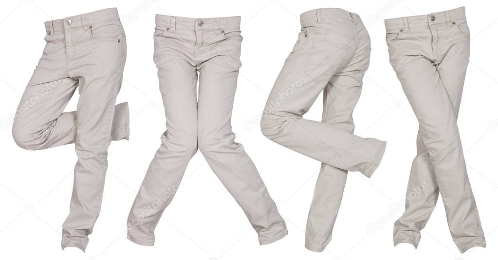 set of light pants in different poses isolated on white