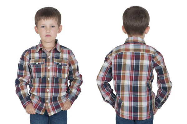 Five Year Old Boy Checkered Shirt Front Back View — Stock Photo, Image